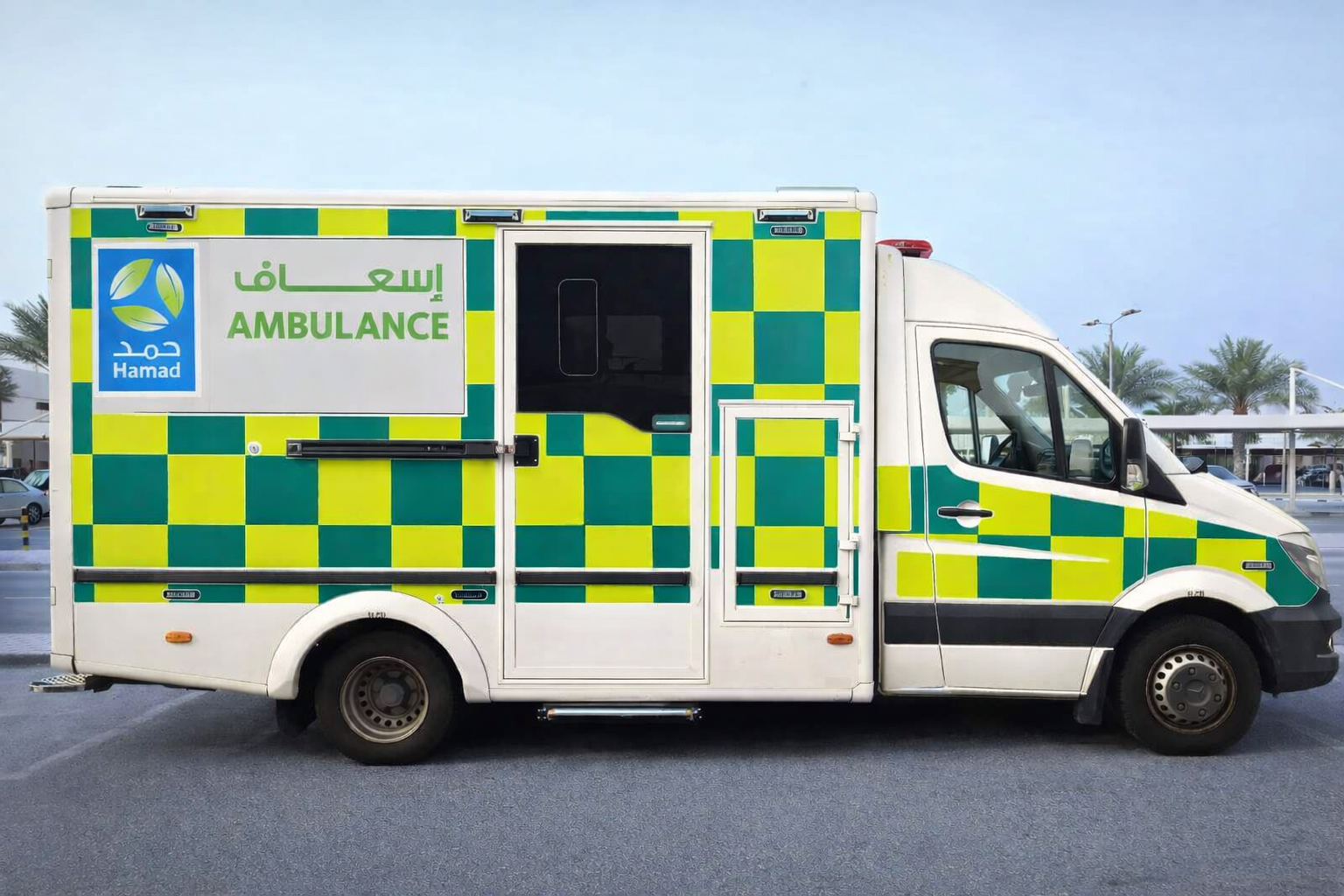 Hamad ambulance parked roadside in Qatar