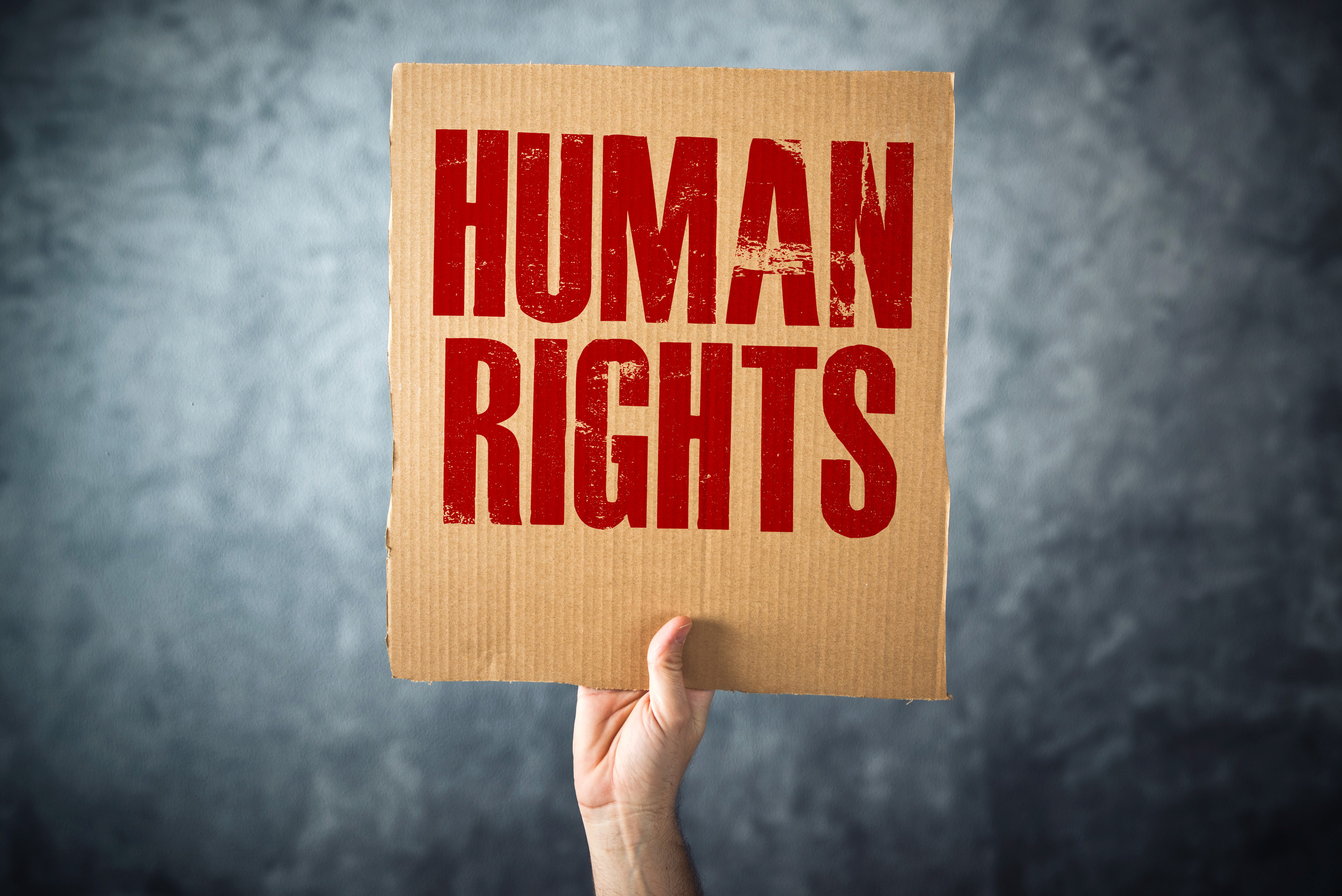 Hand Holding A Cardboard With Text Human Rights