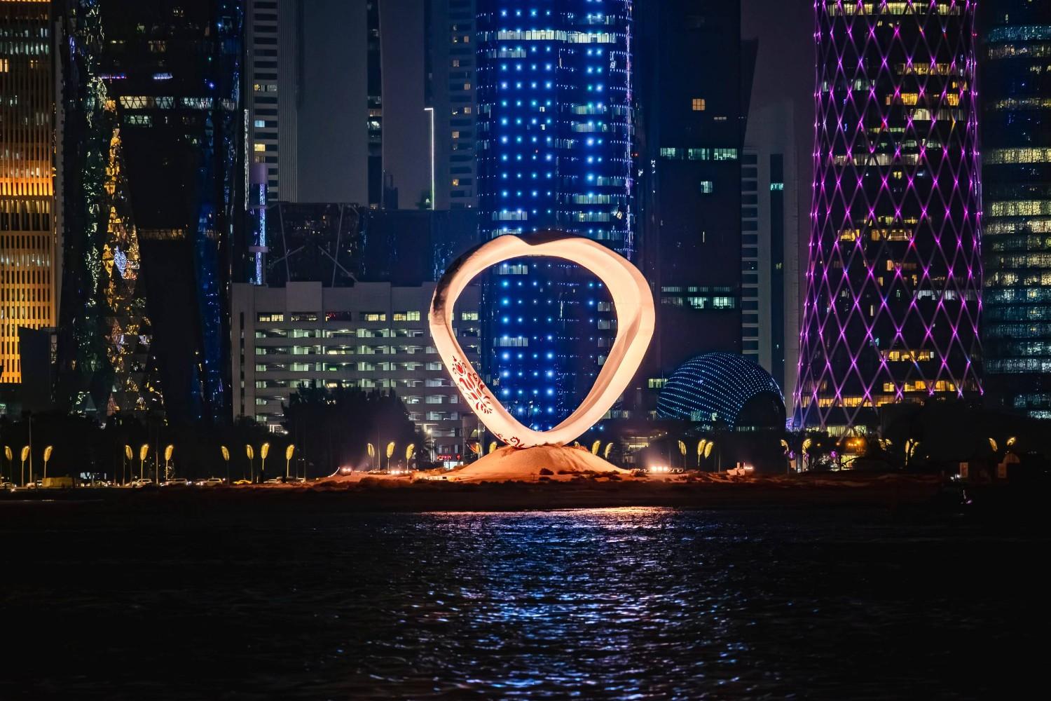 Nighttime View Of Dohas Corniche Area