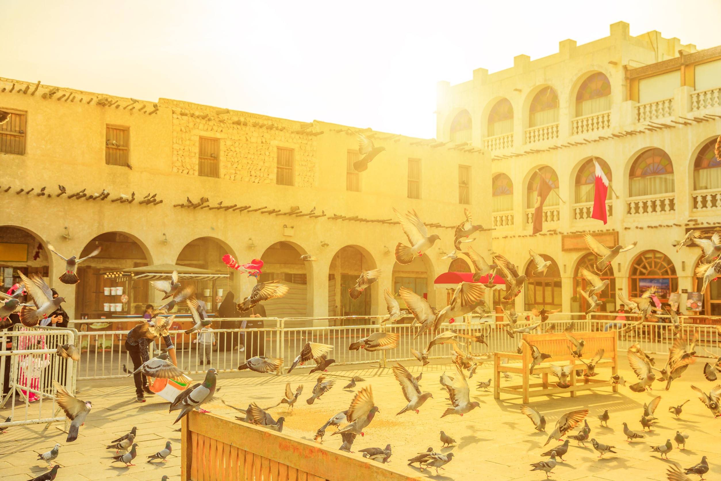 Pigeons Flying in Souq Waqif Square in Doha